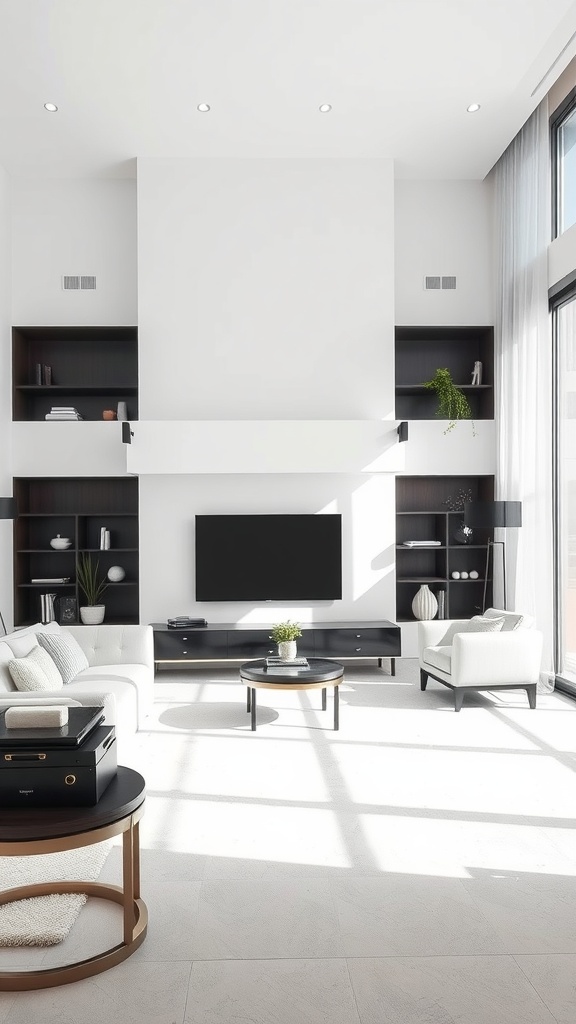 A modern living room featuring a white accent wall, cozy furniture, and dark shelving.