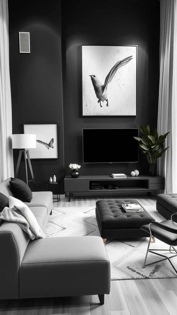 A stylish monochrome living room featuring black walls, gray furniture, and art.