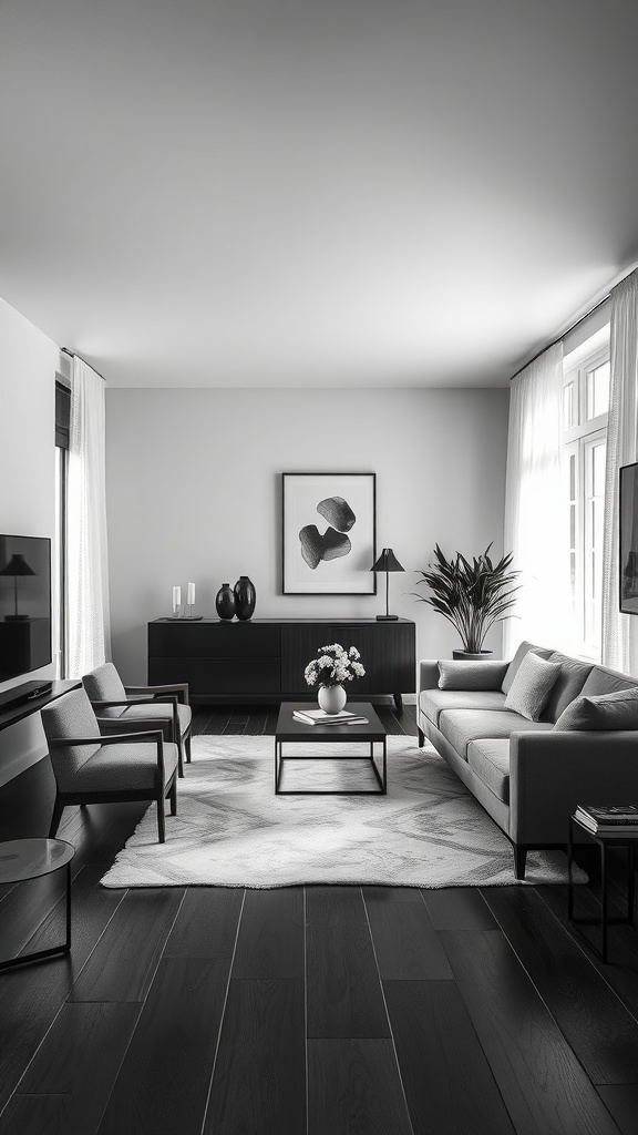 A monochrome living room featuring dark wood flooring, minimalist furniture, and a modern abstract art piece.