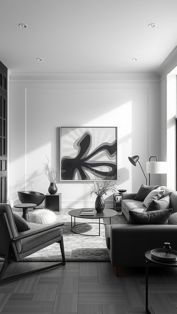 A stylish living room featuring a black and grey color scheme with modern furniture and artwork.