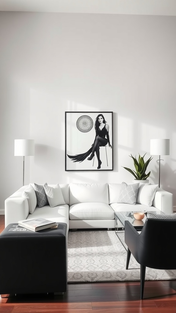 A stylish monochrome living room featuring a white couch, black accents, and modern decor.