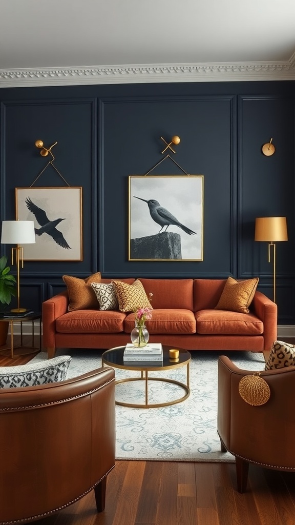 A living room featuring navy walls and a chestnut sofa, accented with decorative pillows and gold lighting.