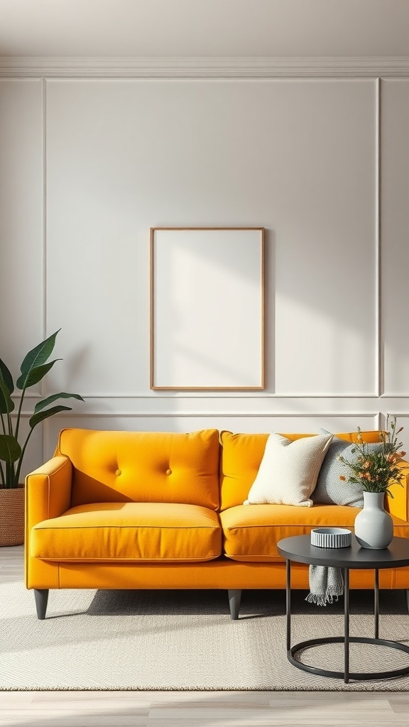 Living room featuring a mustard yellow sofa, light walls, and a black coffee table