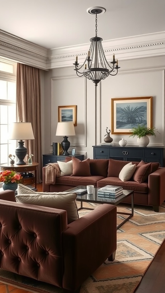 A cozy living room featuring dark brown sofas, a glass coffee table, and stylish decor.