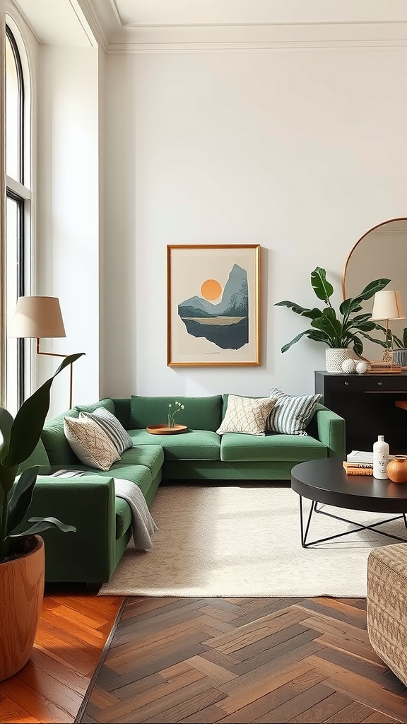 A living room featuring a green sofa, neutral decor, large windows, and a stylish art piece.