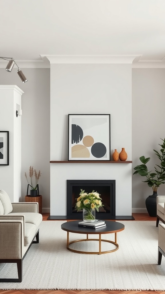 A chic living room featuring a black fireplace, neutral-toned furniture, modern art, and plants.