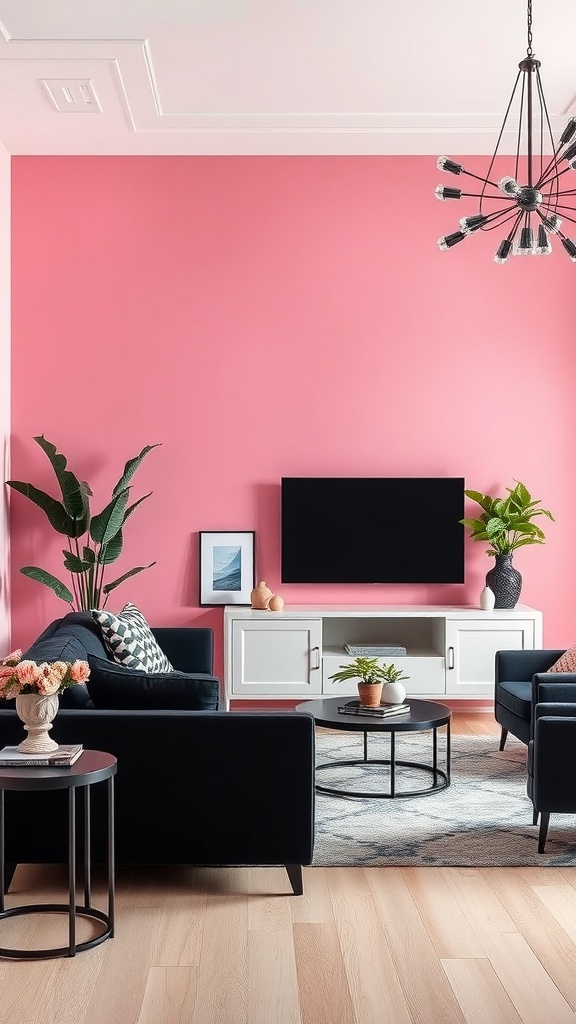 Living room with a pink accent wall, navy sofas, and decorative plants.