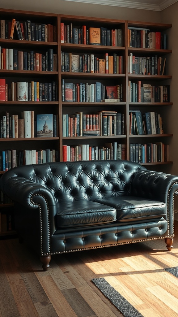 A cozy reading nook featuring a black leather couch and a bookshelf filled with books.