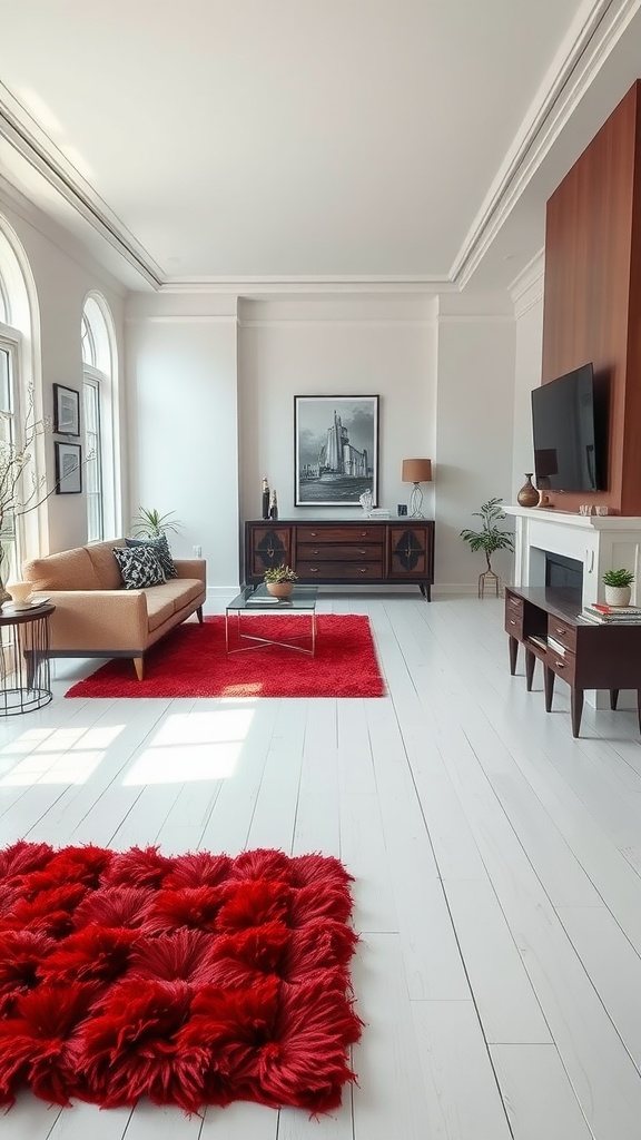 A sophisticated living room featuring red rugs on white floors, with a beige sofa and minimal decor.