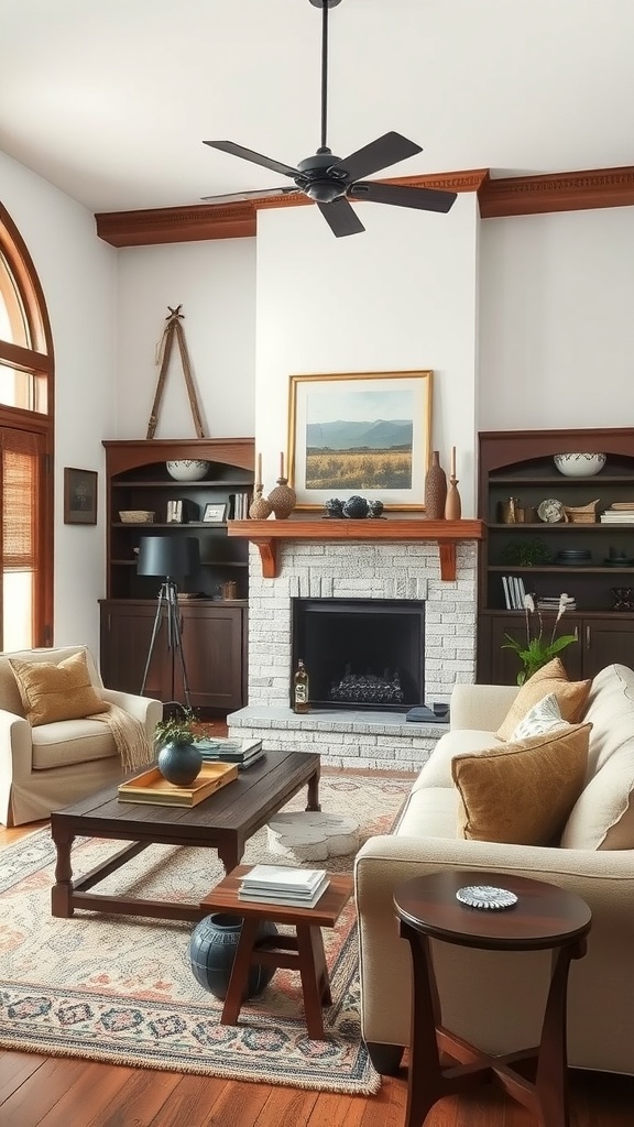 A cozy modern rustic living room featuring light sofas, a wooden coffee table, and a white brick fireplace.