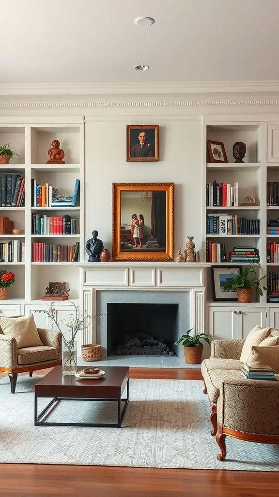 A formal living room featuring elegant shelving and bookcases, with a fireplace and comfortable seating.