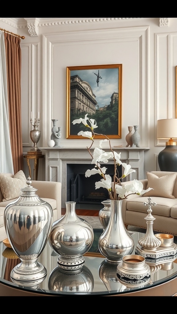 A living room featuring sophisticated silver decorative accents including vases and bowls.