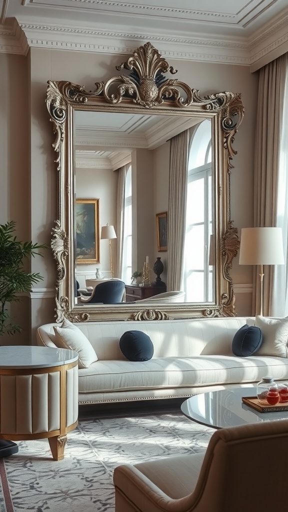 A sophisticated living room featuring a large, ornate silver mirror, a light-colored sofa, and elegant decor elements.