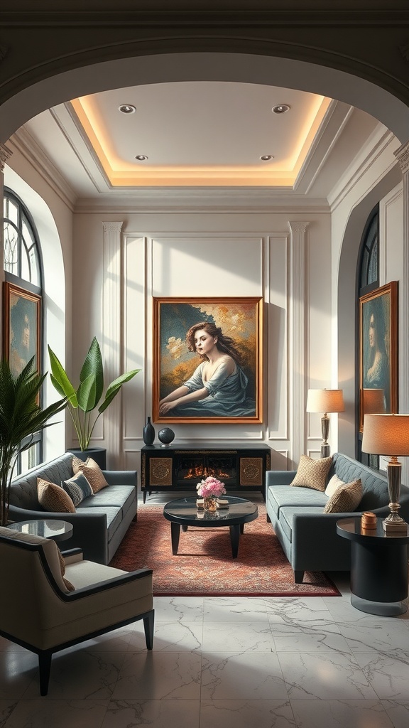 A sophisticated sunken living room featuring elegant decor, comfortable seating, and beautiful artwork on the walls.