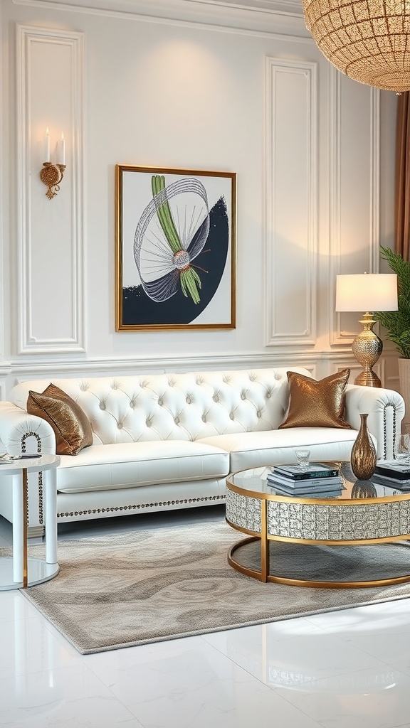 A stylish living room featuring a white leather tufted sofa, a metallic coffee table, and elegant decor.