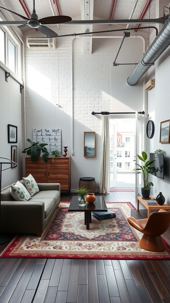 A stylish living room in a trailer house with a sophisticated urban loft feel, featuring large windows, a modern sofa, and a vibrant area rug.