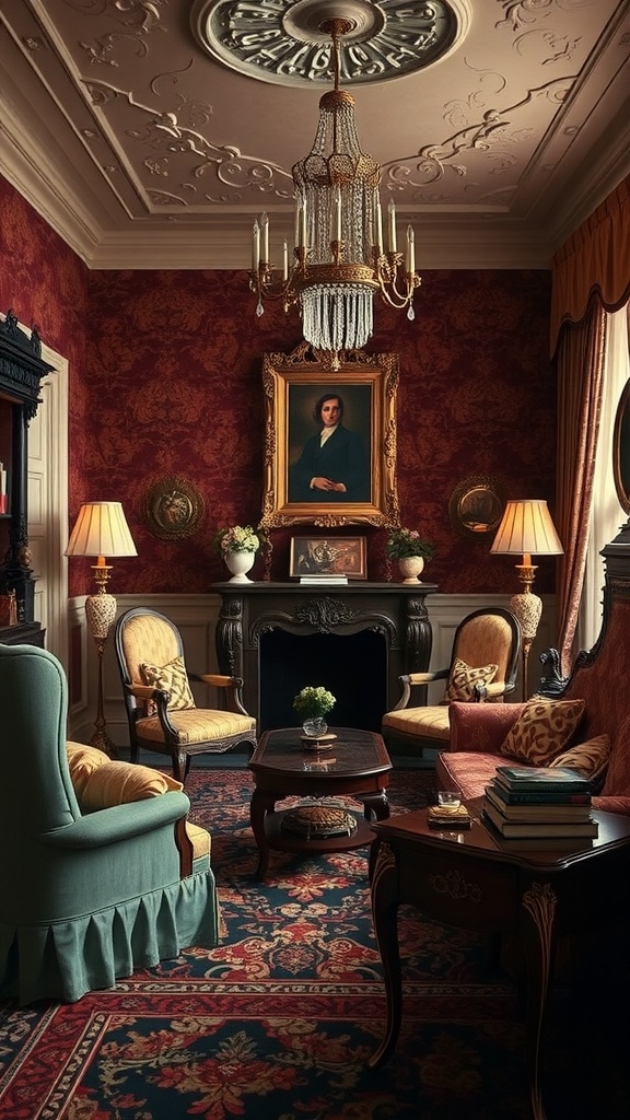 Sophisticated Victorian living room with deep red wallpaper, elegant chandelier, and classic furniture.