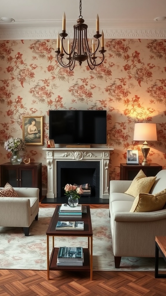 Living room with vintage floral wallpaper, elegant chandelier, and classic furniture