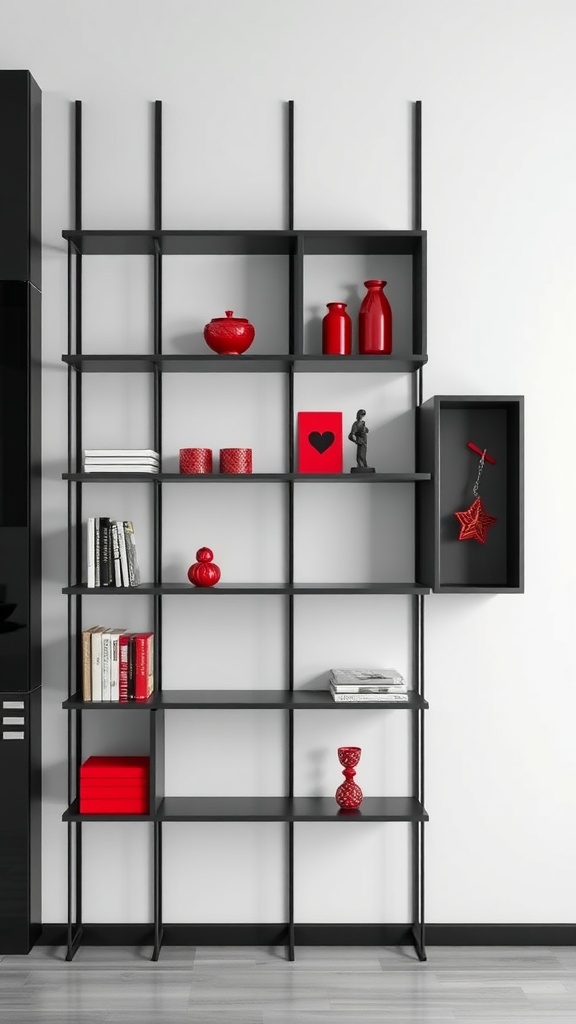 Modern black wall shelving with red and white decorative items in a living room setting.