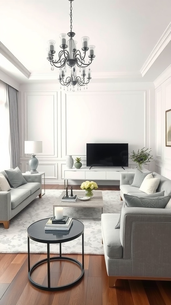 Living room featuring white walls, grey sofas, a chandelier, and modern decor.