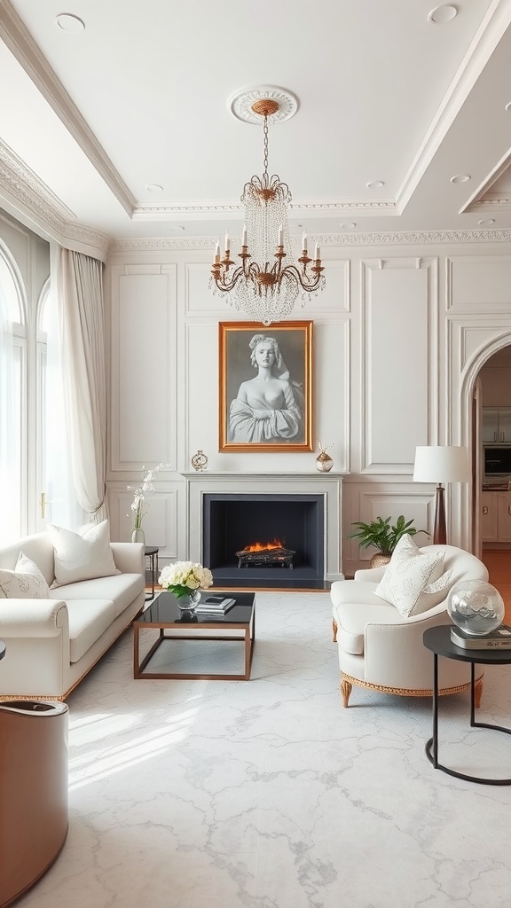 A luxurious white living room featuring elegant seating, a chandelier, and classic artwork.