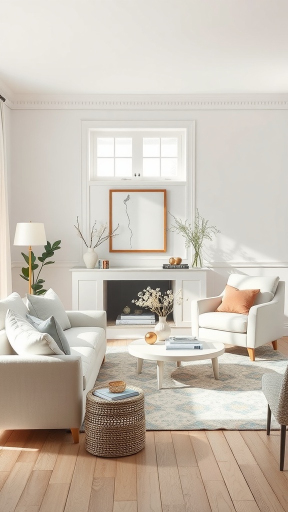 A bright and sophisticated white living room featuring pastel accents.