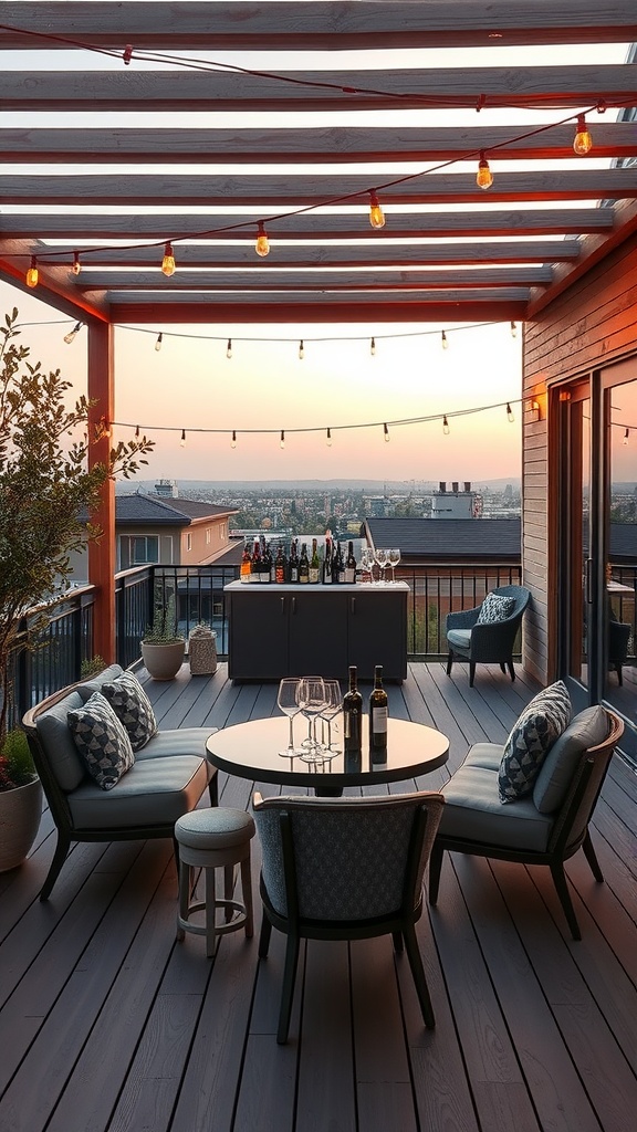 A cozy outdoor wine deck with seating, a bar, and string lights at sunset.