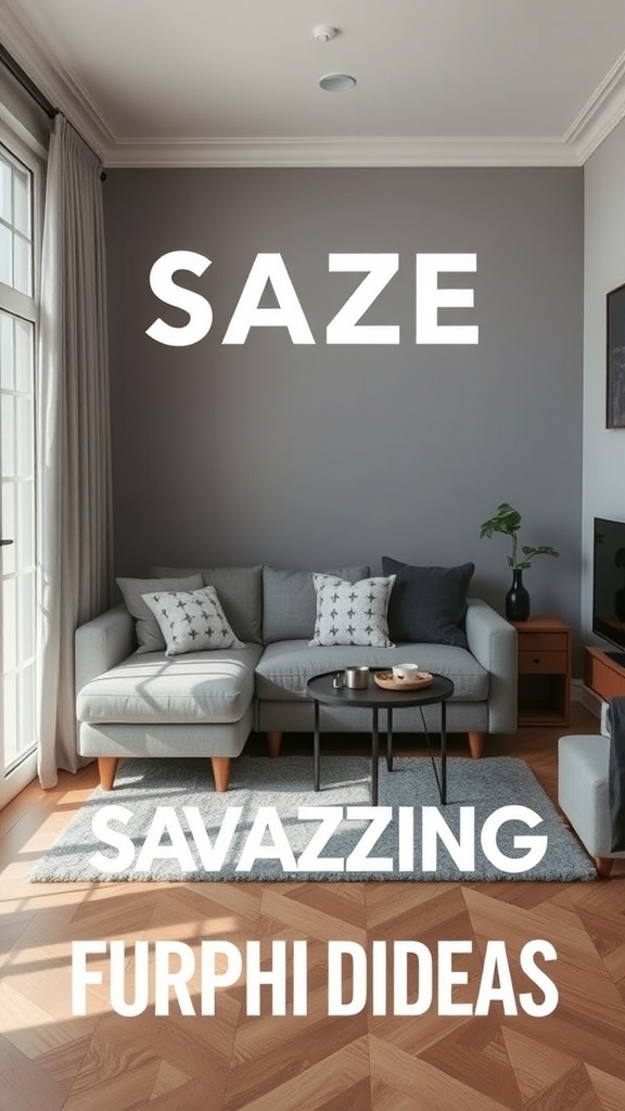 A cozy living room featuring a grey couch, round coffee table, and warm wooden flooring.