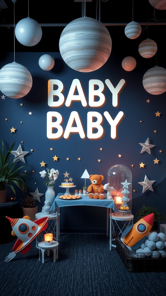 A vibrant baby shower setup featuring a space exploration theme with planets, stars, and a cheerful 'BABY BABY' sign.