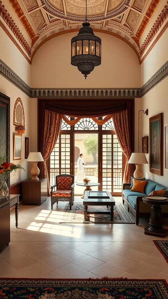 A spacious Moroccan living room with intricate ceiling designs, elegant furniture, and large windows that allow natural light to flood the space.