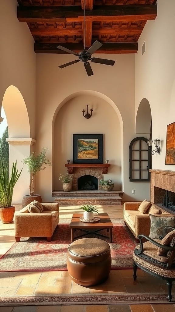 A spacious living room showcasing Spanish Mission style with high wooden ceilings, arched doorways, and warm earthy furniture.