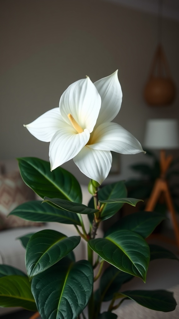 A peace lily with white flowers and green leaves in a cozy living room setting.