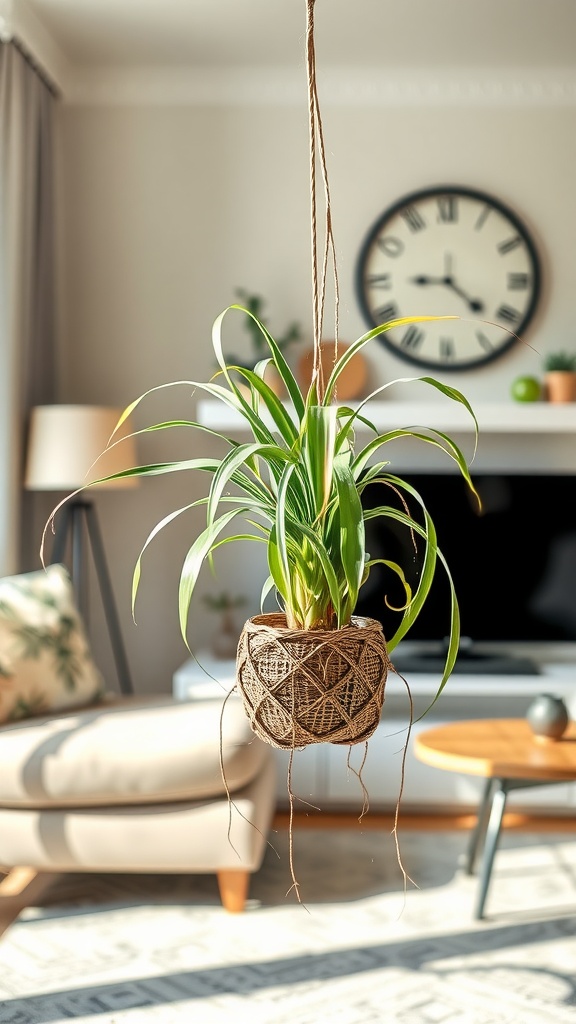 A Spider Plant hanging in a stylish living room with a clock and decor in the background.