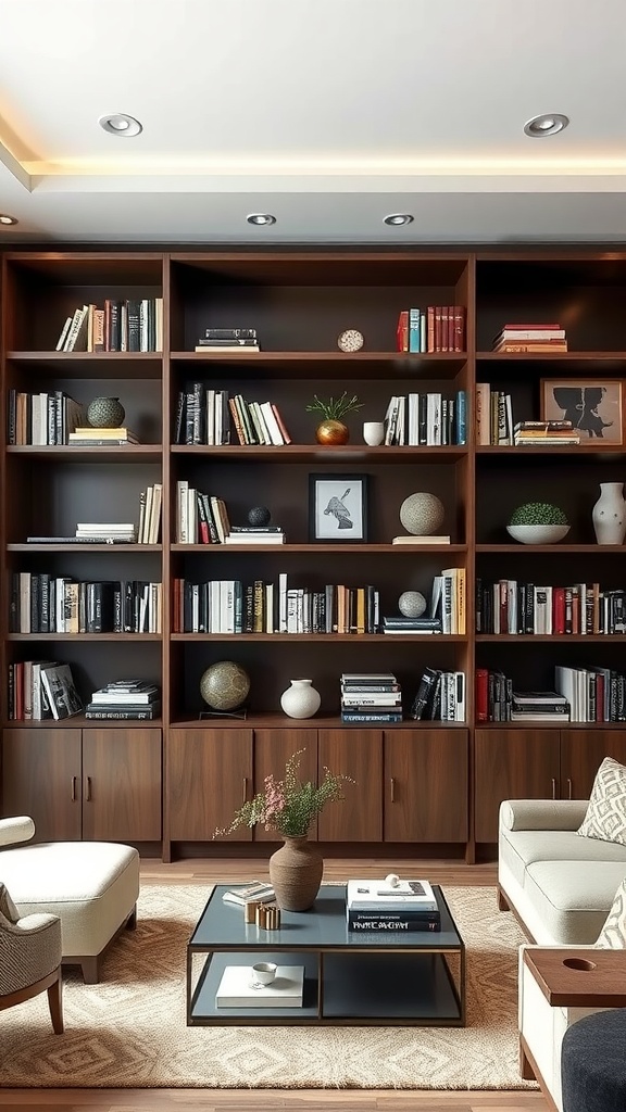 A modern split-level bookshelf filled with books and decorative items in a cozy living room