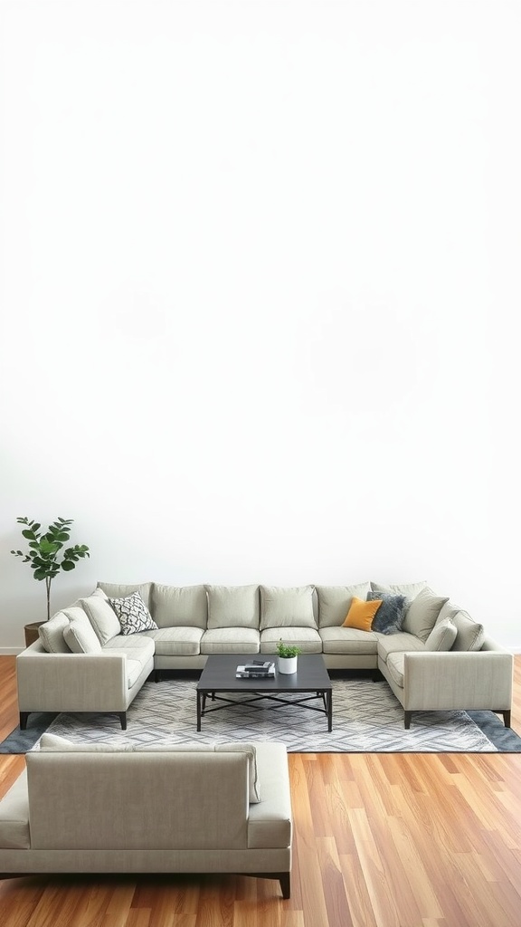 A modern split sectional sofa in a spacious living room with a coffee table.