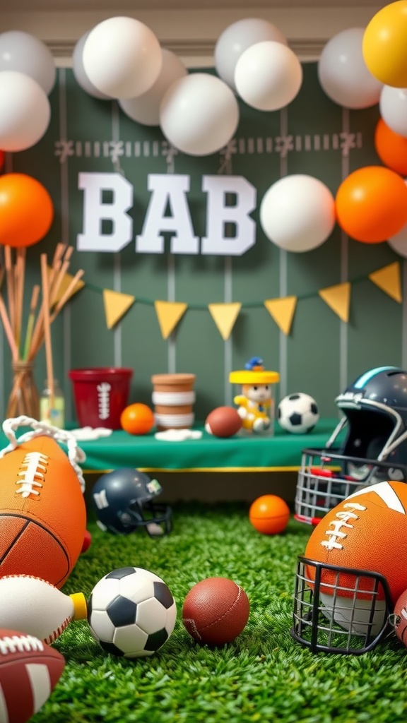 Colorful sports-themed baby shower decorations featuring sports balls, themed signage, and vibrant balloons.