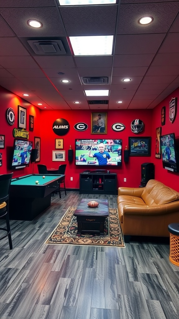 Sporty game room setup featuring red walls, large TVs, a pool table, and comfortable seating.