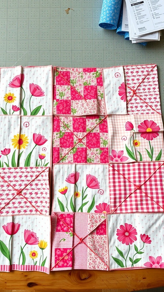 A collection of spring-inspired quilt squares with floral designs and pink patterns.