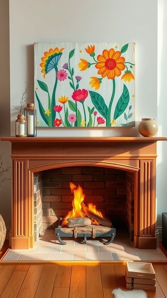 A warm fireplace with a colorful spring-themed painting above it, featuring bright flowers.