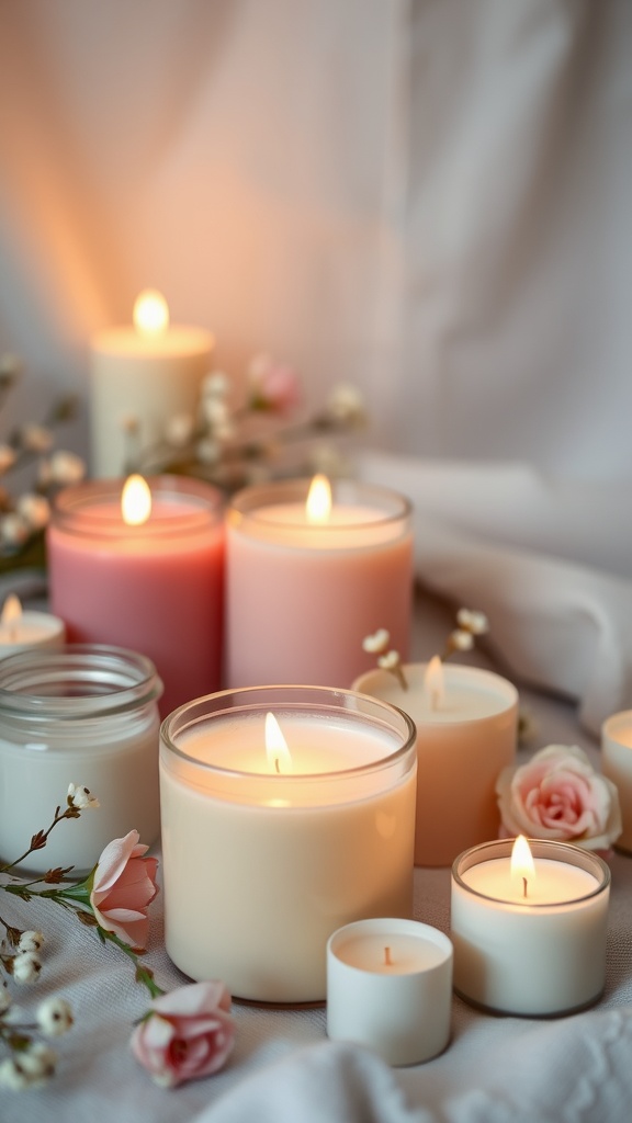 A variety of pastel-colored candles lit among small flowers, creating a warm and inviting atmosphere.