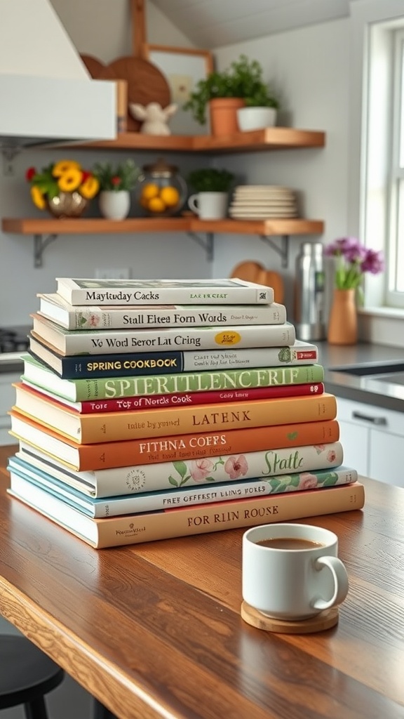 A stack of colorful spring-themed cookbooks on a kitchen island with a cup of coffee.