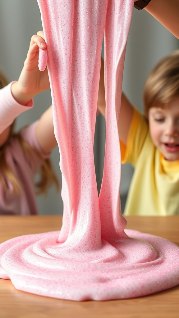 Two kids joyfully playing with pink, sparkly slime.