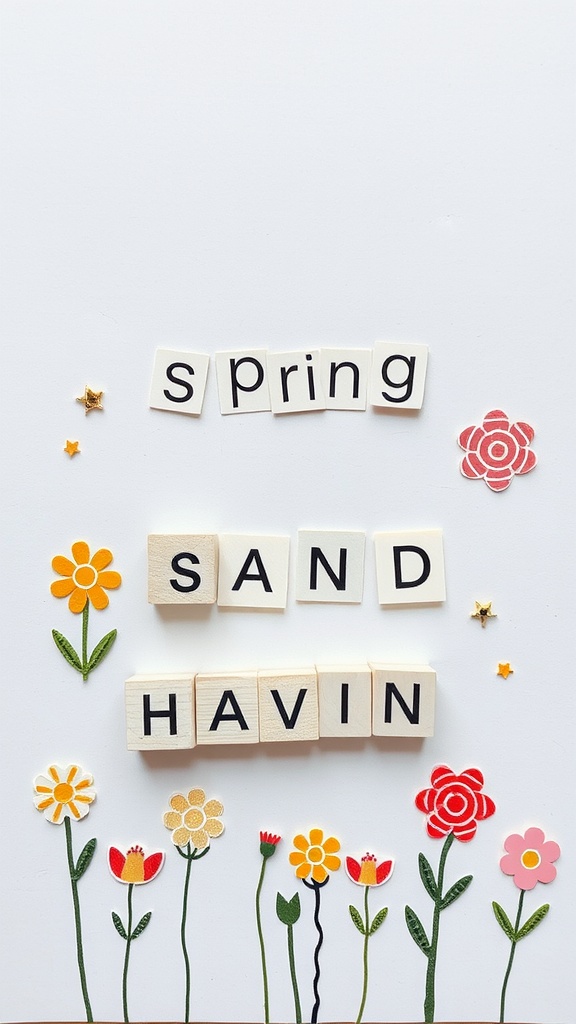 Colorful spring-themed stamps with flowers and letters spelling 'SPRING SAND HAVIN'