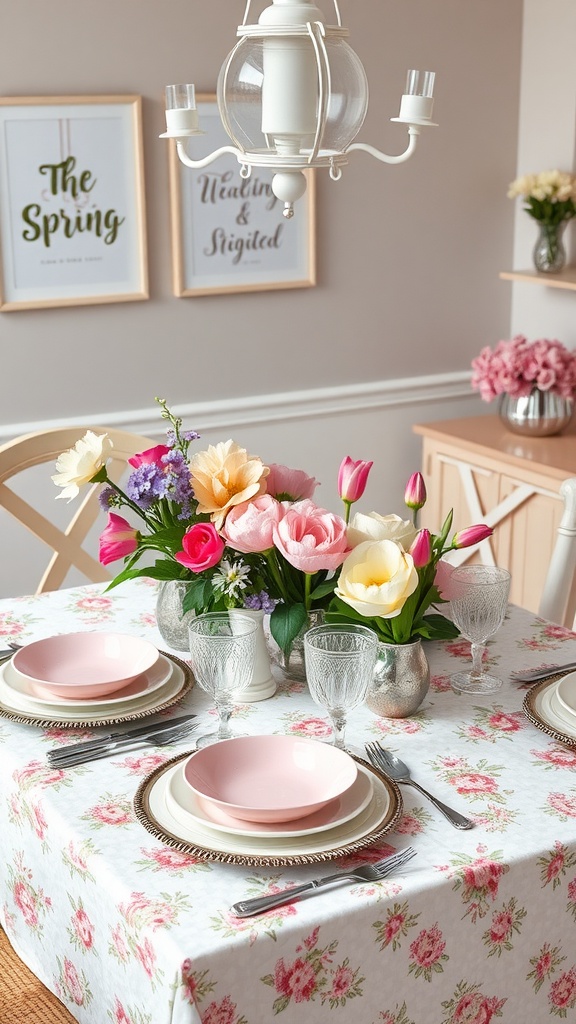 A beautifully set dining table decorated for spring with floral elements, pink plates, and elegant glassware.