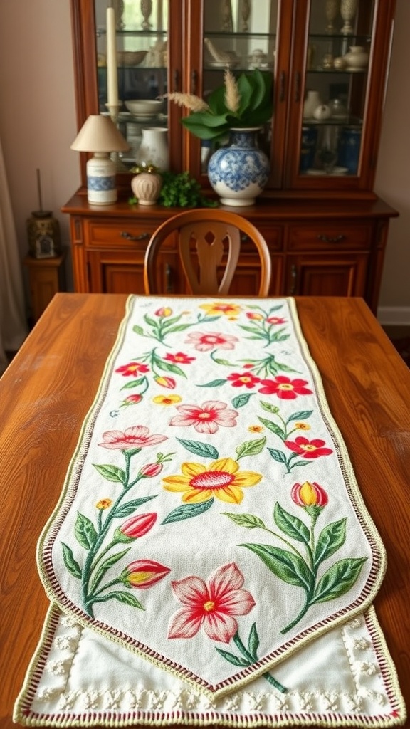 A colorful spring-themed table runner with floral designs displayed on a wooden dining table.