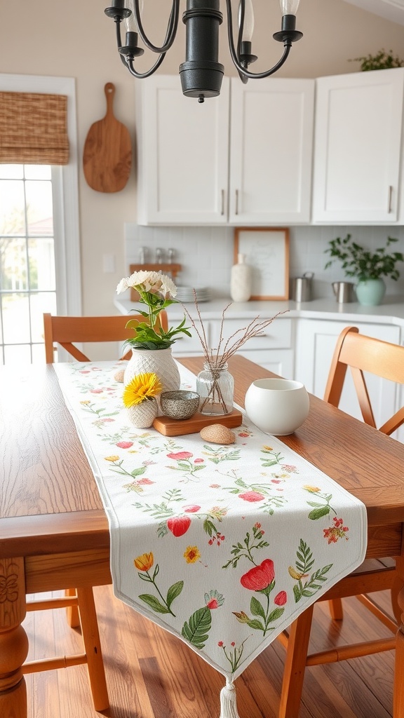 A kitchen table with a floral table runner, featuring a vase of flowers and decorative stones.