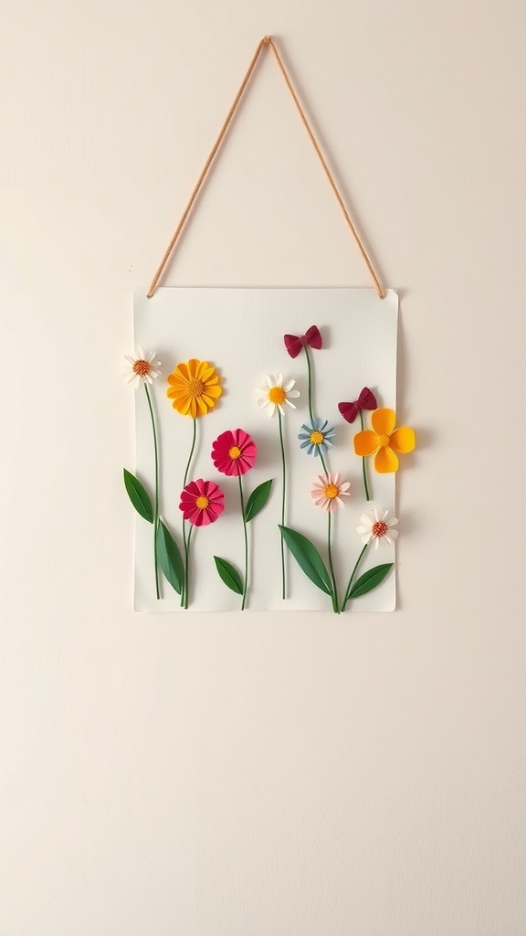 Colorful spring-themed wall art made with paper flowers and leaves, hanging on a wall.