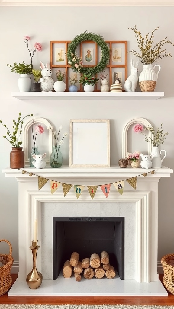 A beautifully decorated spring-themed wall shelf above a fireplace, featuring bunnies, flowers, and a wreath.