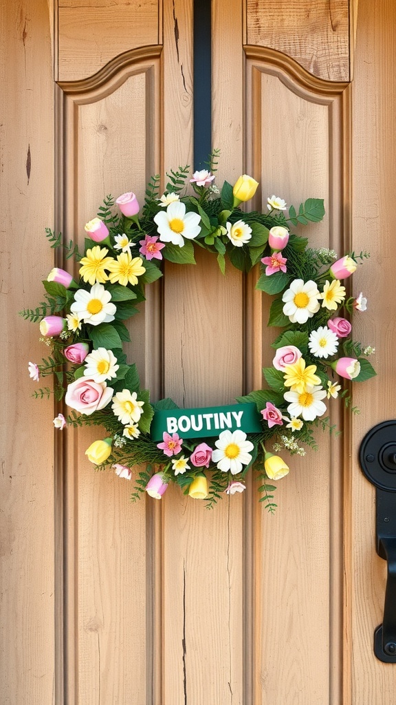 A vibrant spring-themed wreath with pink, yellow, and white flowers, displayed on a wooden door.