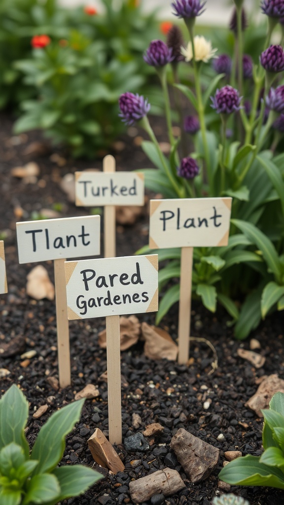 Wooden garden markers with handwritten plant names in a garden bed with colorful flowers.